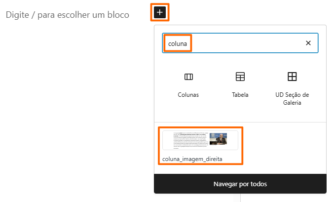 Visão do atalho em um novo parágrafo que leva ao menu de blocos