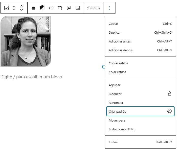 menu de opções e criar padrão