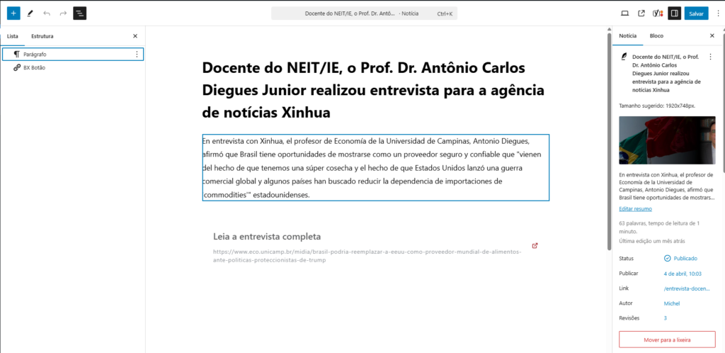 Visão geral do painel do editor Guttemberg